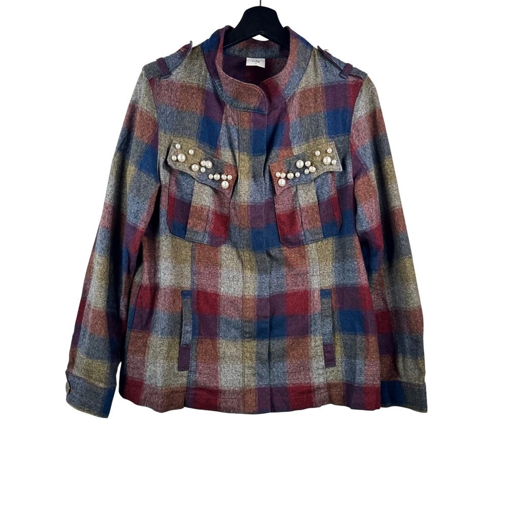 Cabi Plaid Military Jacket sz M Multi Color‎ Pearl Embellished Utility preppy